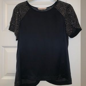 Rebecca Taylor Black Silk Rhinestone Sleeve Top